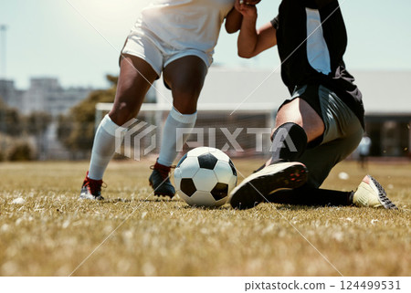 Soccer, sports and athletes playing with a ball on an outdoor field for a match or training. Fitness, men and closeup of football players legs running with skill on a pitch for a game or exercise. Soccer, sports and athletes playing with a ball on an outdoor field for a match or training. Fitness, men and closeup of football players legs running with skill on a pitch for a game or exercise. 124499531