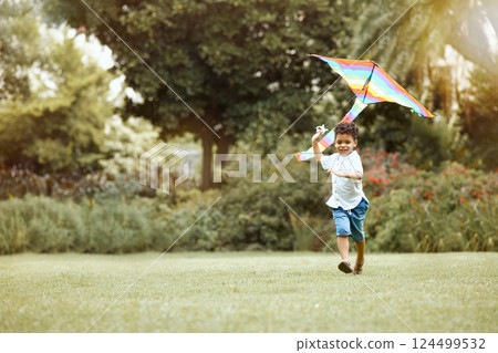 Child, kite and grass while running for wind to lift, air and sky while play, fun and happy outdoor. Boy, toys and lawn in garden, backyard or park in sunshine, summer and nature while playing Child, kite and grass while running for wind to lift, air and sky while play, fun and happy outdoor. Boy, toys and lawn in garden, backyard or park in sunshine, summer and nature while playing 124499532