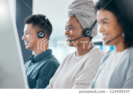 Call center, telemarketing and diversity customer service consultant team with headset at pc desk inside crm office. Man and women contact us and sales staff for support and marketing with a smile Call center, telemarketing and diversity customer service consultant team with headset at pc desk inside crm office. Man and women contact us and sales staff for support and marketing with a smile 124499547