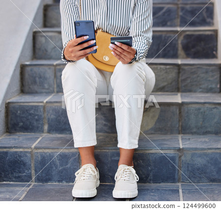 Credit card, online shopping and city woman, phone payment, fintech and ecommerce on outdoor urban steps. Customer hands easy smartphone money transfer, banking mobile app and internet cash finance 124499600