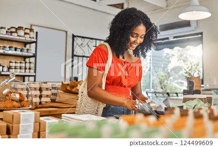 Black woman, shop and grocery for organic, food and happy for shopping, eco friendly or health on sale. Girl, store and retail in supermarket, healthy or product for wellness, healthcare or happiness 124499609