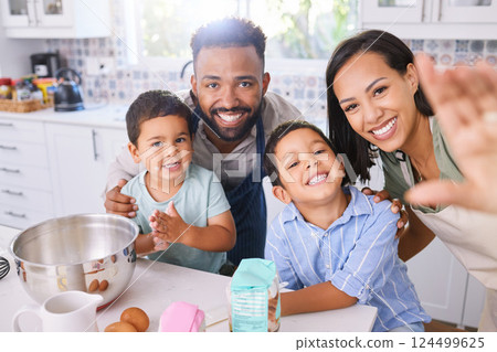 Black family, cooking and home kitchen of a mom selfie, father and children with a happy smile. Portrait and real moment of mother, dad and kids in a house learning cooking with food bonding together 124499625