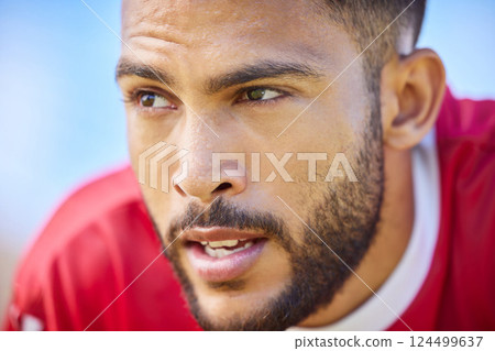 Sports, soccer and focus, portrait of man on mission to win a professional game. Fitness, football and motivation, face of young soccer player from Brazil with winner mindset during exercise training 124499637