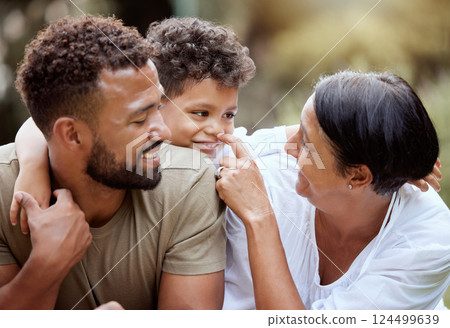 Kid, dad and grandma in park, family have fun at picnic and spending quality time together in Costa Rica. Nature, love and elderly happy woman with man and boy, generations play on summer weekend. 124499639