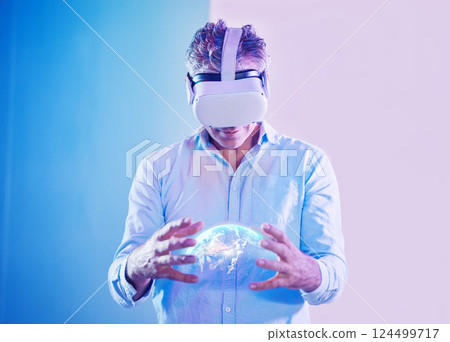 Man hands, metaverse and virtual reality globe hologram for world networking, global digital transformation or space science. Vr headset, 3d earth and futuristic planet abstract in neon cyber fantasy 124499717