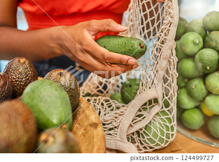 Hands, avocado and bag with a woman customer shopping in a grocery store for a health diet or nutrition. Supermarket, food and retail with a female shopper in a shop produce aisle for groceries 124499727