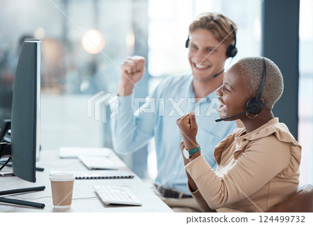 Call center, success and employees in celebration, consulting and working with a goal, support and motivation on a computer. Excited, winning and happy customer service workers with smile for a sale Call center, success and employees in celebration, consulting and working with a goal, support and motivation on a computer. Excited, winning and happy customer service workers with smile for a sale 124499732