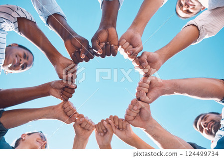 Fist bump, teamwork and business people in a team building meeting for collaboration, motivation and support. Global, below view and workers hands in a huddle startup for goals, targets and mission 124499734