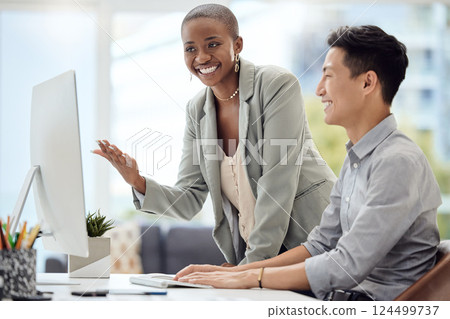 Mentor, manager and teamwork with a business woman training a male employee in the office. Meeting, management and support with an African female leader teaching or coaching an asian man at work Mentor, manager and teamwork with a business woman training a male employee in the office. Meeting, management and support with an African female leader teaching or coaching an asian man at work 124499737
