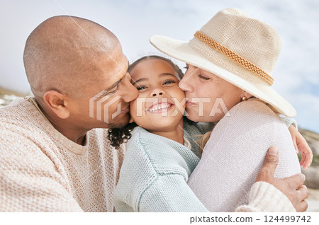 Family beach, child travel and kiss with parents happy on holiday by the tropical weather on Island in Costa Rica during summer. Latino mother, father and girl with smile on vacation by the ocean Family beach, child travel and kiss with parents happy on holiday by the tropical weather on Island in Costa Rica during summer. Latino mother, father and girl with smile on vacation by the ocean 124499742