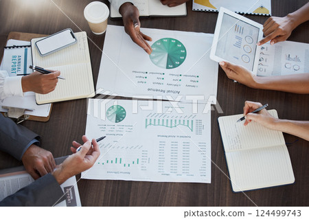 Revenue, finance and hands of business people in meeting planning sales growth ideas for global financial profit increase. Accounting, finance and team of accountants working on company analytics Revenue, finance and hands of business people in meeting planning sales growth ideas for global financial profit increase. Accounting, finance and team of accountants working on company analytics 124499743