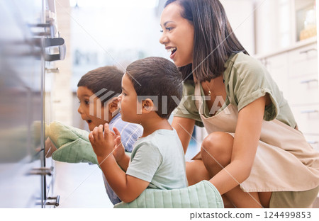 Wow, mother and children cooking in the oven in their kitchen together in their house. Surprise, shock and happy kids waiting for food, lunch or dinner with their excited mom in their family home 124499853