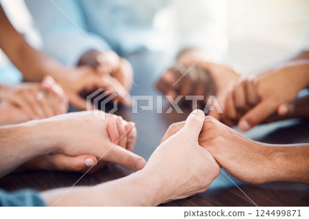 Mental health support, holding hands and group counseling, therapy meeting and psychology help, trust and worship. Men, women and diversity people prayer circle, community hope and social solidarity 124499871