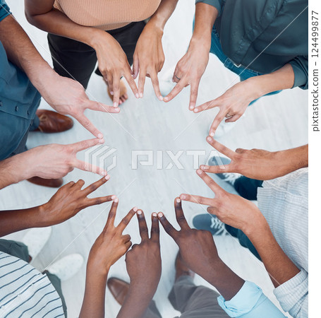 Teamwork, peace hand sign together and corporate support of a worker team showing community. Business collaboration, solidarity and company trust gesture of staff workforce diversity ready to work Teamwork, peace hand sign together and corporate support of a worker team showing community. Business collaboration, solidarity and company trust gesture of staff workforce diversity ready to work 124499877