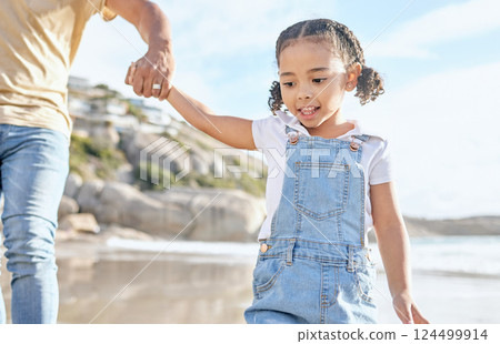 Beach, holding hands and child walking outdoor in sunshine for summer, holiday travel or vacation with family or father support, help and love. Girl kid, parent and ocean or sea water fun bonding Beach, holding hands and child walking outdoor in sunshine for summer, holiday travel or vacation with family or father support, help and love. Girl kid, parent and ocean or sea water fun bonding 124499914