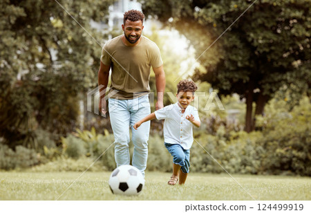 Father, child and playing with soccer ball in the park for fun quality bonding time together in nature. Dad and kid enjoying family weekend, break or exercise for playful summer of soccer outside 124499919