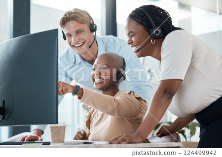 Computer, customer service and consultant staff laugh at funny social media meme, video or online joke during work break. pointing, happiness and telemarketing consulting team laughing in call center 124499942