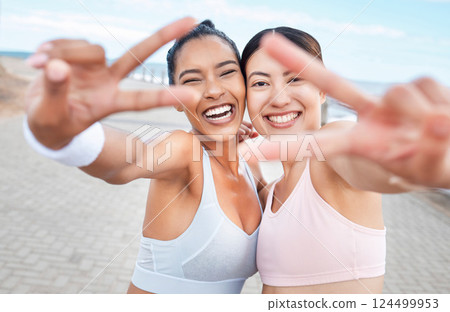 Diversity, peace sign and women doing fitness, wellness and training outdoor together for exercise, warm up or happy. Female athlete, healthy girls or workout in sportswear for health, smile or relax Diversity, peace sign and women doing fitness, wellness and training outdoor together for exercise, warm up or happy. Female athlete, healthy girls or workout in sportswear for health, smile or relax 124499953