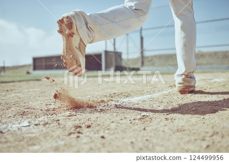 Speed, running and shoes of baseball player on field training for sports, health and fitness game. Workout, exercise and dirt with athlete in sport competition for winning, homerun or achievement 124499956