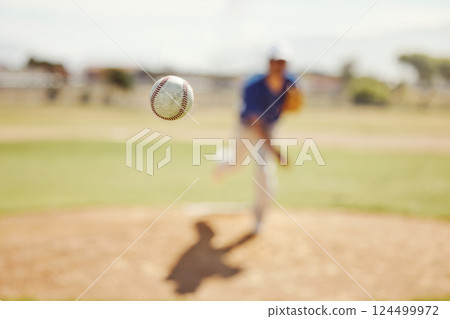 Sports, pitch and baseball ball in air, pitcher throwing it in match, game or practice in outdoor field. Fitness, exercise and training on baseball field with player in action, movement and motion Sports, pitch and baseball ball in air, pitcher throwing it in match, game or practice in outdoor field. Fitness, exercise and training on baseball field with player in action, movement and motion 124499972