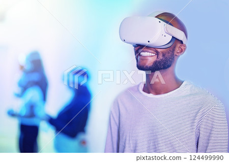 Digital 3d vr headset for gamer with metaverse tech, future and virtual reality cyber innovation, ai and video gaming. Black man in futuristic universe and online avatar game, virtual game or vision Digital 3d vr headset for gamer with metaverse tech, future and virtual reality cyber innovation, ai and video gaming. Black man in futuristic universe and online avatar game, virtual game or vision 124499990