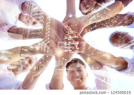 Hands, hologram and overlay on team in digital, 3d or animation for success, company or startup. Motivation, group and holographic with people, together or smile for tech, finance or fintech business Hands, hologram and overlay on team in digital, 3d or animation for success, company or startup. Motivation, group and holographic with people, together or smile for tech, finance or fintech business 124500019