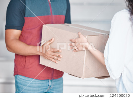 Delivery box, courier service and people hands for commerce, distribution and supply chain industry worker. Logistics, stock and man giving cardboard package woman customer for commercial export job 124500020