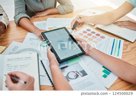 Tablet, hands and marketing team with paper for meeting, brainstorming or planning for startup company, finances and analyze sales. Digital device, teamwork charts and strategy or business innovation 124500029