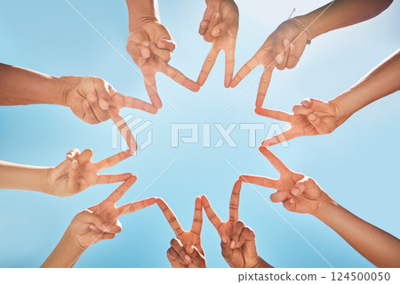 Group, hands and fingers with star for peace, solidarity and blue sky in sunshine on vacation. Friends, family and fun for community, support and summer for bonding with sign, connected and together 124500050