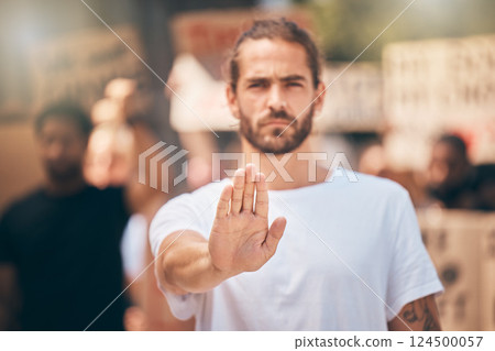 Stop, protest and gen z man hand with people in street for freedom or human rights. Justice, community and group of people in a city for black lives matter, gender equality in Iran and social change Stop, protest and gen z man hand with people in street for freedom or human rights. Justice, community and group of people in a city for black lives matter, gender equality in Iran and social change 124500057