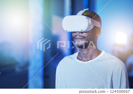 Black man with future glasses, virtual reality in digital innovation and African metaverse user experience. Scifi futuristic vision in tech, gamer streaming cyberspace and online learning ar science 124500087