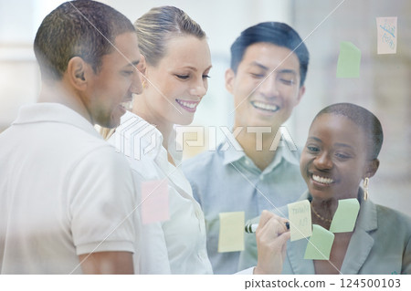 Teamwork, sticky note and collaboration while writing idea and employees planning strategy for innovation, vision and goals in office meeting. Diversity team working on schedule for marketing project 124500103