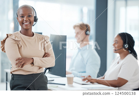 Call center, support and black woman consulting, working and giving help to people on the web in telemarketing office. Portrait of a customer service agent with arms crossed, pride and smile for crm 124500138