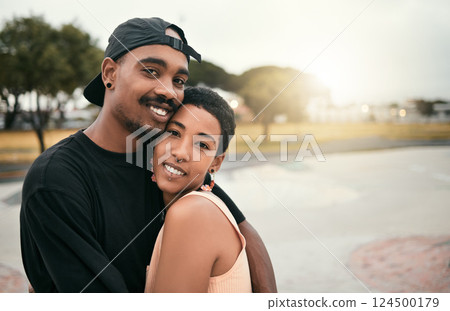 Skate, love and portrait of black couple hug in city enjoying weekend, free time and summer. Skating, trendy fashion and young black man and woman in relationship, dating and embrace in skate park Skate, love and portrait of black couple hug in city enjoying weekend, free time and summer. Skating, trendy fashion and young black man and woman in relationship, dating and embrace in skate park 124500179