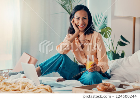 Breakfast, bedroom and woman on laptop, notebook and juice for food writer blog, copywriting or social media post planning. Relax morning and protein portrait of entrepreneur or work from home girl 124500244
