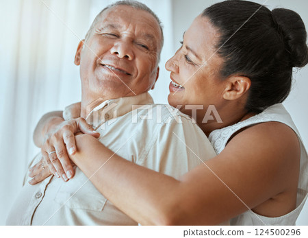 Retirement couple, love and hug in home for romance, relax and smile in Colombia living room together. Happy elderly man, senior woman or pension people marriage, happiness and care of easy lifestyle Retirement couple, love and hug in home for romance, relax and smile in Colombia living room together. Happy elderly man, senior woman or pension people marriage, happiness and care of easy lifestyle 124500296