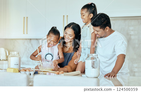 Happy, mother and father baking with children for family bonding, learning and teaching in the kitchen at home. Mama, dad and little girls helping parents with smile for mixing ingredients together Happy, mother and father baking with children for family bonding, learning and teaching in the kitchen at home. Mama, dad and little girls helping parents with smile for mixing ingredients together 124500359