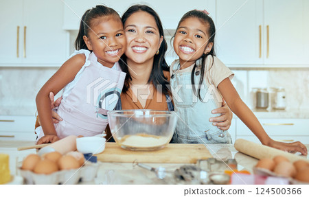 Baking, mother and children in kitchen, happy and smile together, bonding and child development. Portrait, mama and girls learn skills, loving and child care for fun, joyful and daughter at home. Baking, mother and children in kitchen, happy and smile together, bonding and child development. Portrait, mama and girls learn skills, loving and child care for fun, joyful and daughter at home. 124500366