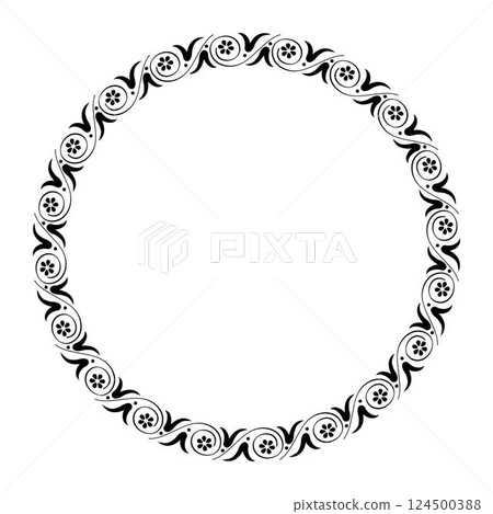 Beautiful round frame arabesque with floral pattern on white background. Plate with lace design. Black and white round floral frame for round surfaces, household utensils, textiles, embroidery. EPS 124500388