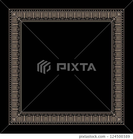 Golden Square Frame in Ancient Greek Style. Art of Ancient Rome, Ancient Greece. Frame Using Stylized Elements Resembling a Fan or Palm Leaves - Palmettes, Spiral Curls (Volutes). 124500389