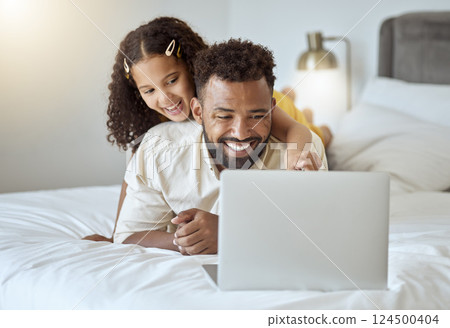 Brazilian father, laptop and girl bonding in house, home or hotel bedroom for movie streaming, zoom video call or social media show. Smile, happy and relax man with child and multimedia technology Brazilian father, laptop and girl bonding in house, home or hotel bedroom for movie streaming, zoom video call or social media show. Smile, happy and relax man with child and multimedia technology 124500404