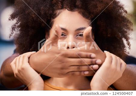 Woman, silence and victim hand cover mouth for stop, quiet and domestic violence secret. Fear, rape and black woman suffering from horror, gender based violence and sexual abuse, stuck and hostage Woman, silence and victim hand cover mouth for stop, quiet and domestic violence secret. Fear, rape and black woman suffering from horror, gender based violence and sexual abuse, stuck and hostage 124500407