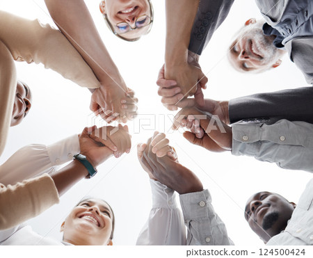 Hands, teamwork and motivation with a business team in a huddle or circle together from below. Collaboration, success and community with a man and woman employee group standing hand in hand in unity Hands, teamwork and motivation with a business team in a huddle or circle together from below. Collaboration, success and community with a man and woman employee group standing hand in hand in unity 124500424