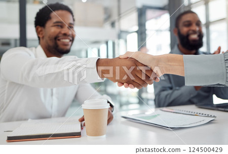 Handshake, collaboration and employees meeting, working and in celebration of business deal in office at work. Happy, smile and corporate workers shaking hands for success, partnership and contract Handshake, collaboration and employees meeting, working and in celebration of business deal in office at work. Happy, smile and corporate workers shaking hands for success, partnership and contract 124500429