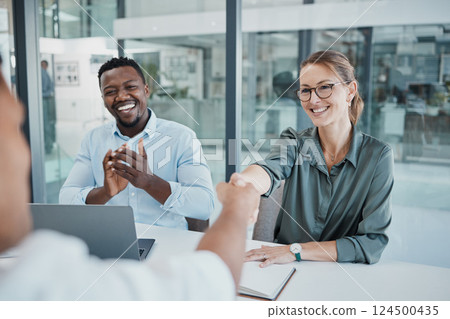 Business people, handshake and interview in celebration for recruitment, hiring and employment at the office. Happy corporate executives congratulating new employee shaking hands for company growth Business people, handshake and interview in celebration for recruitment, hiring and employment at the office. Happy corporate executives congratulating new employee shaking hands for company growth 124500435