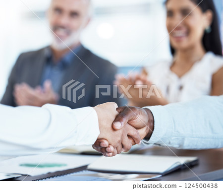 Business, partnership and handshake diversity deal with corporate partners clapping. Crm, meeting and team thank you hand gesture showing support, motivation and b2b success of teamwork and trust Business, partnership and handshake diversity deal with corporate partners clapping. Crm, meeting and team thank you hand gesture showing support, motivation and b2b success of teamwork and trust 124500438