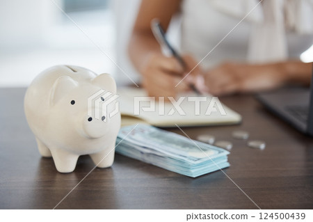 Piggy bank, money and woman mortgage loan savings planning or wealth growth economy. Finance accounting worker, retirement investment insurance and budget security strategy development in office Piggy bank, money and woman mortgage loan savings planning or wealth growth economy. Finance accounting worker, retirement investment insurance and budget security strategy development in office 124500439