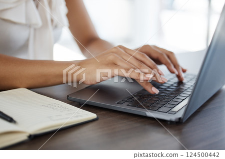 Research, laptop and hands of business woman typing for networking, internet and website planning. Digital, technology and communication with employee working on vision, notebook and goals in office Research, laptop and hands of business woman typing for networking, internet and website planning. Digital, technology and communication with employee working on vision, notebook and goals in office 124500442