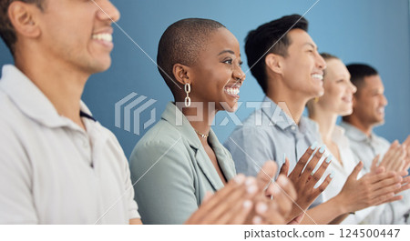 Diversity, team and business celebrate, smile and clap for partnership, group project and success planning. Teamwork, collaboration and applause for startup company for successful workshop. 124500447