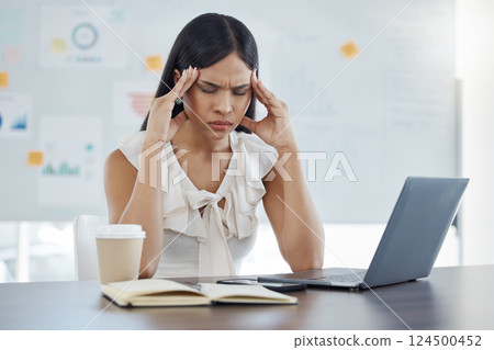 Headache, stress and burnout with a business woman at work on a laptop at a desk in her office. Computer, compliance and mental health with a female employee suffering from a migraine while working Headache, stress and burnout with a business woman at work on a laptop at a desk in her office. Computer, compliance and mental health with a female employee suffering from a migraine while working 124500452